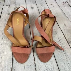 Qupid Faux Suede Open Toe Chunky Heel Shoes Pink Blush Womens 8